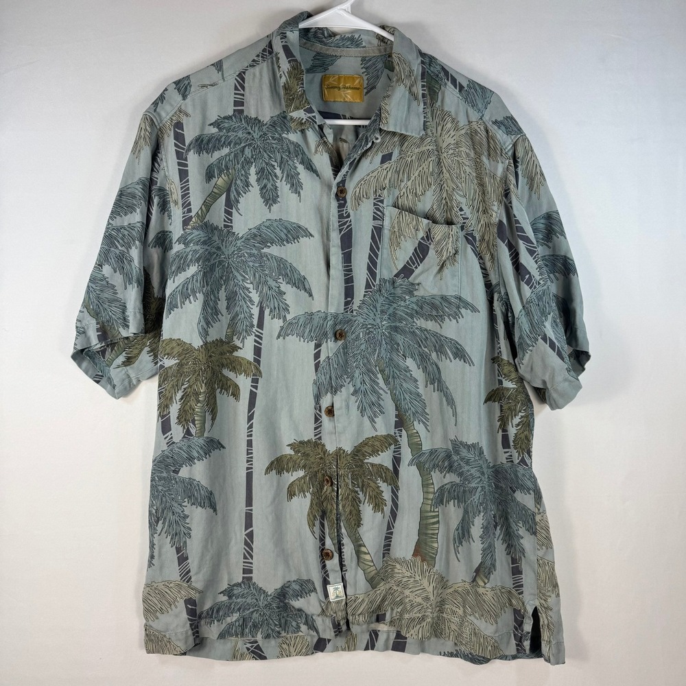 Tommy Bahama Mens Medium Silk Palm Tree Camp Shirt Sage Blue Herringbone Print